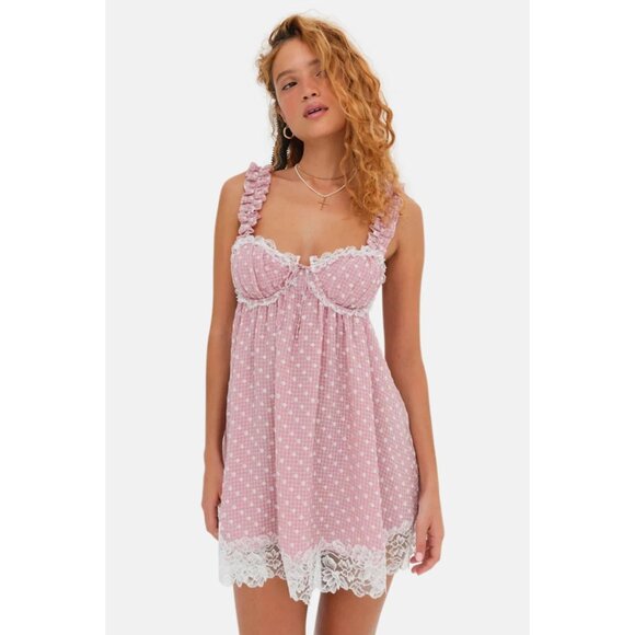 For Love & Lemons NWT Melanie Mini Dress in Pink Gingham Polka Dots size XL - Picture 1 of 11